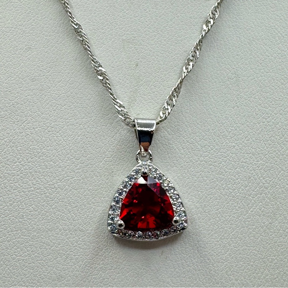 Elegant Silver Ruby Red Crystal Trillion Pendant Necklace